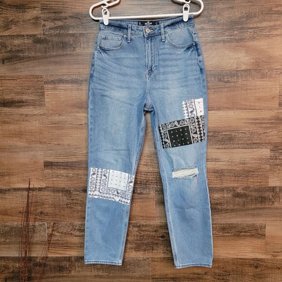 Hollister Jeans 5 R Ultra High Rise Mom Bandana Patch Ripped Medium Light Wash - Picture 1 of 10